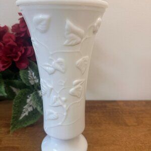 Vintage Milk Glass Pedestal Vase with Embossed Ivy Leaf Design White Floral Vase